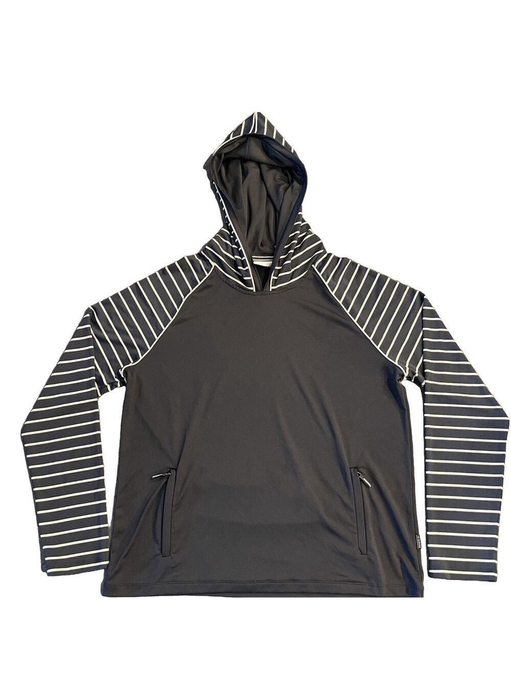 Liz Claiborne Women’s Black Navy Blue Stripes Hoodie Pullover Top Shirt Large